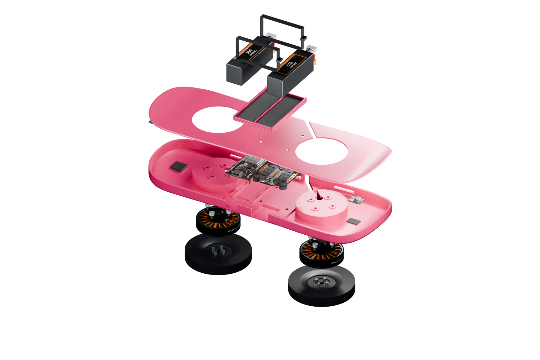 Exploded pink dual-motor assembly with two top-mounted OVONIC battery packs and onboard electronics