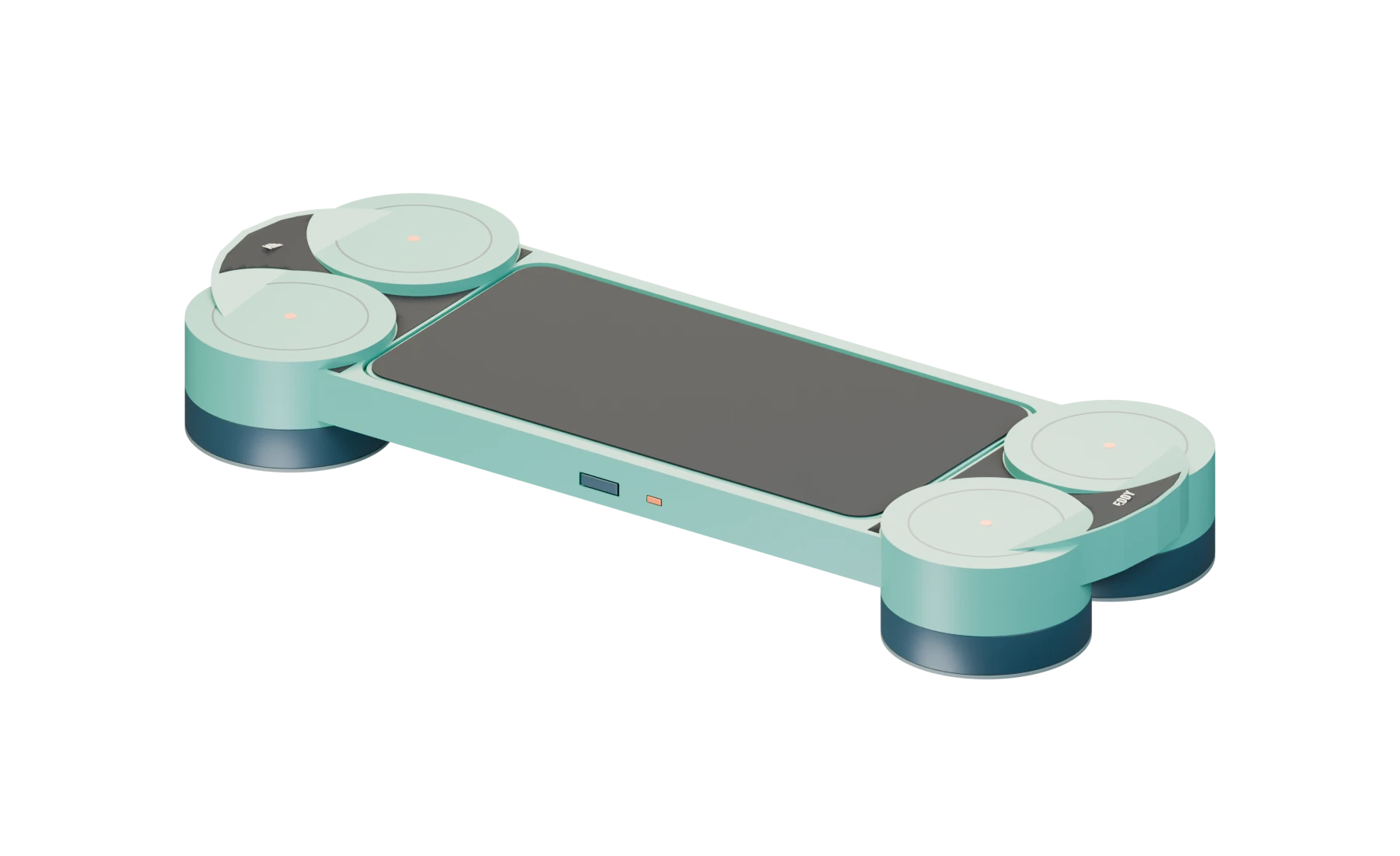 Teal fingerboard concept with four enclosed motor and rotor pods and a black grip surface
