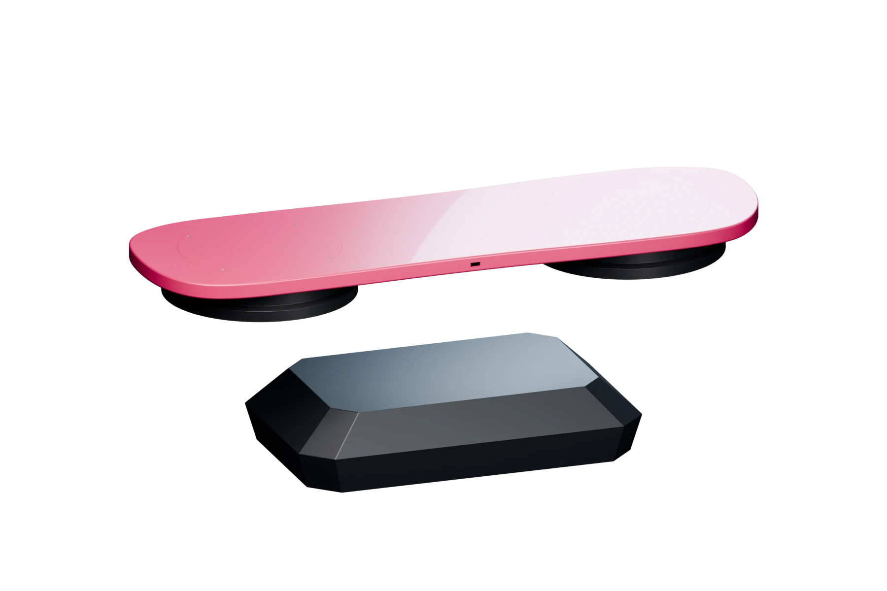 Miniature of the full-size pink HALO–1 hoverboard floating above a faceted black magnetic display base