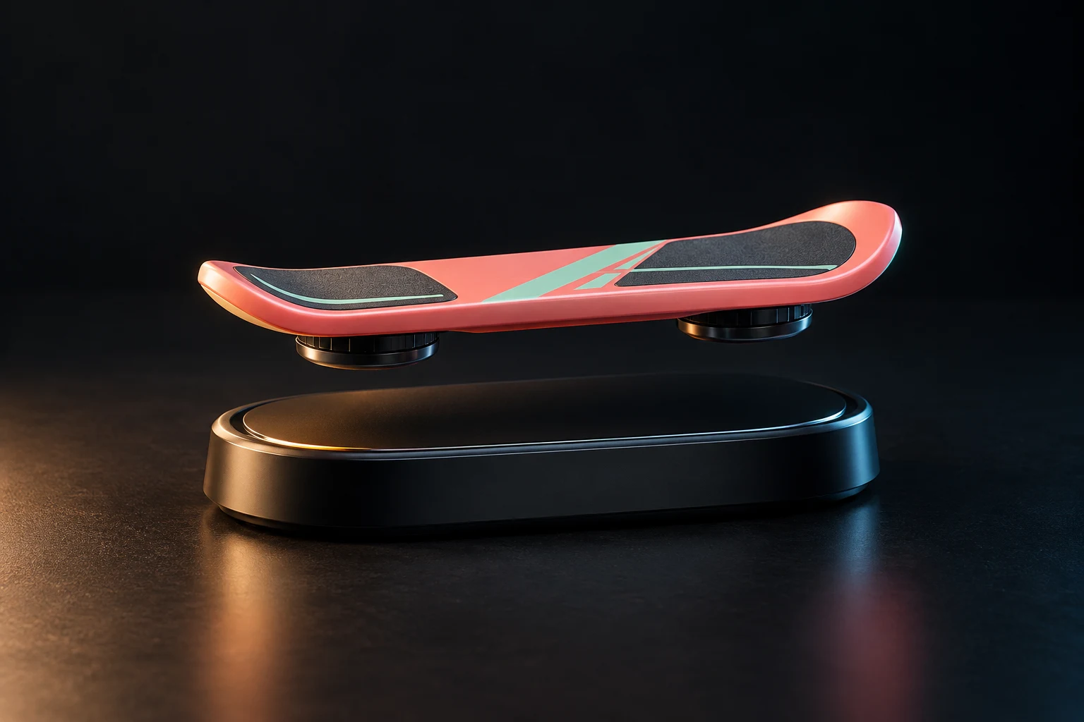 AI concept of a miniature hoverboard floating above a magnetic display base